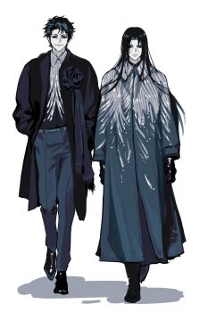 2boys alternate_costume black_gloves black_hair black_pants black_shoes closed_mouth coat collared_shirt commentary_request curtained_hair earrings full_body gloves hand_in_pocket highres jewelry long_hair looking_at_viewer male_focus momoyoru1 multiple_boys naruto_(series) naruto_shippuuden open_clothes open_coat pants shirt shoes short_hair simple_background smile standing uchiha_itachi uchiha_shisui walking white_background