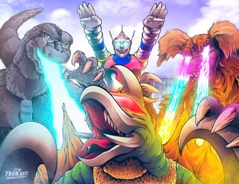 alien atomic_breath blue_eyes blue_sky breath_weapon building city claws cloud cyborg day dinosaur energy energy_beam eye_beam gem gem_on_head gigan glowing glowing_eyes godzilla godzilla_(series) godzilla_vs._gigan godzilla_vs._mechagodzilla godzilla_vs._megalon_(1973) highres jet_jaguar kaiju king_caesar_(godzilla) mandibles mecha mouth_beam multicolored_energy_beam no_humans no_pupils plasma plasma_beam rainbow robot sharp_teeth sky skyscraper space_beam space_monster tail teeth thomdotartz toho tongue