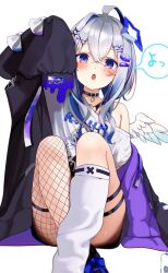 Rule 34 | 1girl, ahoge, amane kanata, amane kanata (punk rock), angel, angel wings, black collar, black jacket, blue hair, blush, breasts, buket pudding i, character print, collar, fishnet thighhighs, fishnets, grey hair, hair intakes, highres, hololive, jacket, looking at viewer, official alternate costume, purple eyes, purple jacket, self character print, shirt, short hair, sleeves past fingers, sleeves past wrists, small breasts, socks, thigh strap, thighhighs, two-sided fabric, two-sided jacket, virtual youtuber, white shirt, white socks, wings