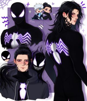 1other 2boys aliyartss alternate_universe bags_under_eyes black_bodysuit black_hair blue_eyes bodysuit chibi chibi_inset cosplay getou_suguru gojou_satoru highres jujutsu_kaisen marvel medium_hair multiple_boys plug_(piercing) purple_eyes shoulder_devil silk sparkle spider-man spider-man_(cosplay) spider-man_(series) spider_web superhero_costume symbiote twitter_username v venom_(marvel) white_hair