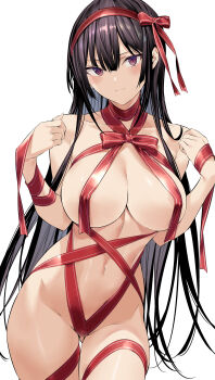 1girl absurdres areola_slip bare_shoulders black_hair breasts closed_mouth collarbone commentary gluteal_fold groin hair_between_eyes hands_up highres hiiragi_yuuichi large_breasts long_hair naked_ribbon navel original purple_eyes red_ribbon ribbon simple_background solo straight_hair thighs very_long_hair white_background