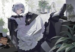 Rule 34 | 1boy, absurdres, androgynous, apron, black eyes, black gloves, couch, dungeon meshi, full body, gloves, highres, indoors, maid, maid apron, male focus, maratang, mary janes, mithrun, on couch, shoes, short hair, sitting, socks, solo, trap, white hair