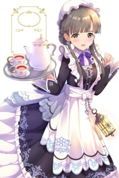 1girl absurdres apron black_dress blush bow bowtie braid brooch brown_hair commentary_request cup dot_nose dress earrings feet_out_of_frame frilled_apron frills glyn070605a hair_bun hands_up hat highres holding holding_tray idolmaster idolmaster_cinderella_girls jewelry kobayakawa_sae lantern long_hair long_sidelocks looking_at_viewer maid maid_apron mob_cap open_mouth plate purple_bow purple_bowtie sidelocks simple_background smile solo standing teacup teapot tray white_apron white_background white_hat