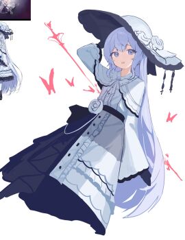 1girl absurdres arm_up black_gloves blue_eyes blue_hair bug butterfly dress flower frilled_dress frilled_sleeves frills gloves hashtag-only_commentary hat hat_flower highres insect long_hair long_sleeves looking_at_viewer mahou_shoujo_no_majo_saiban masiiiiiiro open_mouth smile solo standing tsukishiro_yuki white_background white_dress white_flower white_hat