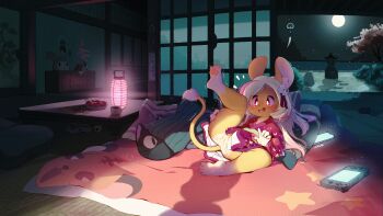 1girl 1other aas_(pixiv_3382255) absurdres animal_ear_fluff animal_ears animal_feet ass barefoot blush caught cellphone embarrassed full_moon furry furry_female futon highres huge_filesize indoors japanese_clothes kimono lantern leg_up legs loli long_hair lying moon mouse_ears mouse_girl mouse_tail night night_sky nintendo_switch on_back open_mouth original panties phone pillow red_eyes red_kimono scenery shadow short_kimono sky smartphone spread_legs star_(sky) starry_sky table tail thighs underwear walk-in white_hair white_panties