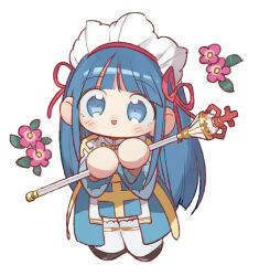 Rule 34 | 1girl, arch bishop (ragnarok online), arutopian, blue dress, blue eyes, blue hair, blunt bangs, blush, chibi, commentary request, crosier, cross, dress, flower, full body, hair ribbon, headdress, hime cut, holding, holding staff, long hair, looking at viewer, medium bangs, open mouth, pelvic curtain, pink flower, ragnarok online, red ribbon, ribbon, sash, sidelocks, simple background, smile, solo, staff, standing, thighhighs, two-tone dress, very long hair, white background, white dress, white thighhighs, yellow sash