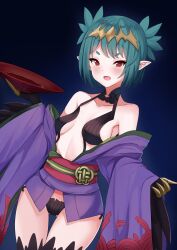 Rule 34 | 1girl, absurdres, artist request, bird legs, black feathers, black wings, blush, breasts, claws, commentary, cosplay, cup, fate/grand order, fate (series), feathers, green hair, harpy, highres, holding, holding cup, indie virtual youtuber, japanese clothes, kimono, lincoro, looking at viewer, medium breasts, monster girl, open clothes, open kimono, open mouth, pointy ears, purple kimono, red eyes, revealing clothes, sakazuki, second-party source, short hair, short twintails, shuten douji (fate), shuten douji (fate) (cosplay), solo, symbol-only commentary, tiara, twintails, virtual youtuber, wide sleeves, winged arms, wings