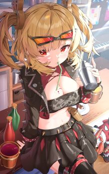 1girl :/ absurdres black_gloves black_skirt black_thighhighs black_tube_top blonde_hair blush breasts burnice_white cleavage commentary crop_top day drinking_straw extreme_crop_top eyewear_on_head fingerless_gloves flamethrower gloves highres holding holding_flamethrower holding_weapon indoors large_breasts looking_at_viewer looking_to_the_side maeru mouth_hold navel orange-tinted_eyewear red-tinted_eyewear red_eyes sitting skirt sleeveless_turtleneck_shirt solo spiked_belt spiked_jacket stomach strapless sunglasses sunlight thighhighs tinted_eyewear tube_top twintails weapon zenless_zone_zero