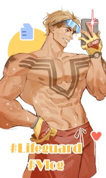 Rule 34 | 1boy, abs, arm up, blonde hair, blue-tinted eyewear, broad shoulders, cellphone, chest tattoo, collarbone, commentary, english text, eyewear on head, fingerless gloves, gloves, grin, groin, hand on own hip, hashtag, highres, holding, holding phone, lifeguard, looking at phone, luke sullivan, male focus, male swimwear, muscular, muscular male, nipples, official alternate costume, pectorals, phone, red male swimwear, red swim trunks, short hair, shoulder tattoo, smile, solo, standing, star (symbol), street fighter, street fighter 6, swim trunks, tan, tanline, tattoo, teeth, tinted eyewear, titanium886, topless male, veins, veiny arms, watch, wet, wet hair, wristwatch