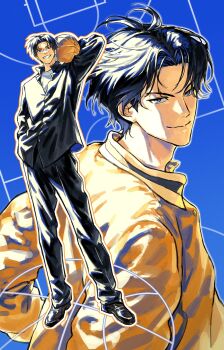 Rule 34 | 1boy, absurdres, arm up, ball, basketball (object), black hair, black pants, blue background, closed mouth, commentary request, full body, gakuran, grey eyes, grin, hand in pocket, highres, holding, holding ball, jacket, korean commentary, kuroko no basuke, looking at viewer, male focus, multiple views, outline, pants, school uniform, shirt, short hair, smile, standing, takao kazunari, tmcks 912, white shirt, yellow jacket