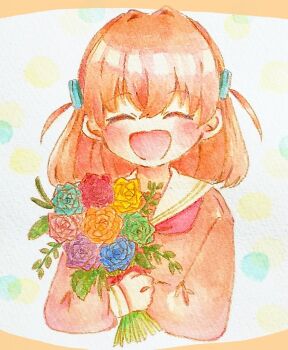 1girl :d ^_^ aqua_flower blue_flower blush bouquet brown_dress closed_eyes commentary_request cropped_torso dress facing_viewer flower green_flower hair_ornament hasu_no_sora_school_uniform hinoshita_kaho holding holding_bouquet holding_flower link!_like!_love_live! long_sleeves love_live! mao_(maooo_049) neckerchief open_mouth orange_flower orange_hair pink_flower purple_flower rabbit_hair_ornament ranunculus red_neckerchief sailor_collar sailor_dress school_uniform smile solo two_side_up virtual_youtuber white_background white_sailor_collar winter_uniform yellow_flower