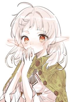 1girl ahoge capelet covering_own_mouth elf green_capelet hand_over_own_mouth highres looking_at_viewer medium_hair mushoku_tensei pointy_ears red_eyes solo spica59 sylphiette_(mushoku_tensei) white_background white_hair
