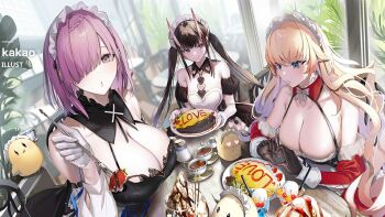 3girls apron azur_lane black_hair blonde_hair breasts cleavage cup detached_sleeves food gloves howe_(azur_lane) howe_(pastry_princess)_(azur_lane) kakao_(chocolate_land) large_breasts maid maid_apron maid_headdress manjuu_(azur_lane) multiple_girls noshiro_(azur_lane) noshiro_(hold_the_ice)_(azur_lane) official_art omelet omurice penelope_(azur_lane) penelope_(salty_maid)_(azur_lane) purple_hair tea teacup twintails white_gloves