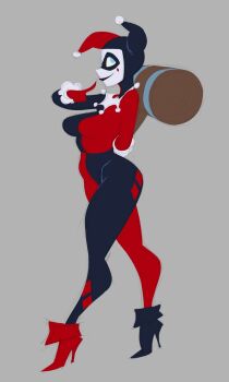 1girl batman:_the_animated_series batman_(series) black_bodysuit blue_eyes bodysuit breasts captainmolasses dc_comics domino_mask eye_mask full_body gloves hammer harlequin harley_quinn harley_quinn_(classic) hat highres holding holding_hammer holding_weapon jester_cap looking_at_viewer makeup mask mature_female medium_breasts multicolored_bodysuit pointing pointing_at_self red_bodysuit simple_background smile solo weapon white_facepaint
