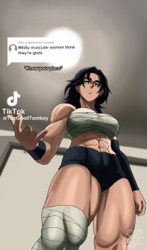 1girl abs absurdres bandages black_hair brown_eyes english_text highres long_hair looking_down meme mildly_muscular_women_think_they&#039;re_gods_(meme) muscular muscular_female sarashi speech_bubble sweatband thick_thighs thighs tiktok tomboy vertacularrld