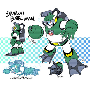 1boy air_bubble aqua_background ariga_hitoshi arm_cannon arrow_(symbol) artist_name blue_background boots bubble bubble_man character_name checkered_background commentary_request concept_art electric_fan english_text from_behind full_body gem goggles gradient_background hand_up hands_up highres knee_boots looking_ahead looking_at_viewer male_focus mask mega_man_(classic) mega_man_(series) mega_man_2 mega_man_megamix multiple_views no_humans red_eyes red_gemstone reference_sheet robot scanlines screw scuba_gear signature simple_background standing submerged swimming tank_(container) turnaround underwater weapon white_background