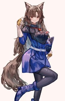 1girl absurdres alternate_costume animal_ears black_capelet black_leggings blue_boots blue_dress blush boots brown_hair capelet commentary dress hand_up helmet highres holding holding_unworn_helmet imaizumi_kagerou leg_up leggings light_smile long_hair long_sleeves red_eyes solo tail touhou unworn_headwear unworn_helmet vanilla_flan wolf_ears wolf_girl wolf_tail