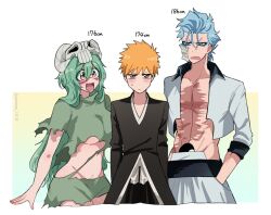 Rule 34 | 1girl, 2boys, :/, :d, abs, arm at side, arms at sides, arrancar, bleach, blue eyes, blue hair, blush, breasts, brown eyes, closed mouth, commentary request, cowboy shot, cropped legs, eyes visible through hair, facial mark, fang, frown, green hair, green shirt, green skirt, grimmjow jaegerjaquez, hair between eyes, hair ornament, hair over shoulder, hand in pocket, happy, height difference, hole in stomach, jitome, kurosaki ichigo, large breasts, long hair, long sleeves, looking at another, looking at viewer, miniskirt, multiple boys, muscular, muscular male, navel, nelliel tu odelschwanck, open clothes, open mouth, open shirt, orange hair, scar, scar on chest, shirt, short hair, simple background, skin fang, skirt, skull hair ornament, smile, sweatdrop, tareme, teeth, tensa zangetsu (bankai), tsurime, twitter username, v-shaped eyebrows, very long hair, wavy hair, white background, white shirt, yanono 015