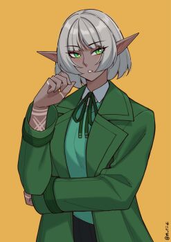 Rule 34 | 1girl, arm markings, commentary, dark-skinned female, dark elf, dark skin, elf, english commentary, green eyes, green jacket, green vest, grey hair, highres, jacket, mawaridi, original, pointy ears, short hair, simple background, solo, twitter username, vest, yellow background, yvonne (mawaridi)