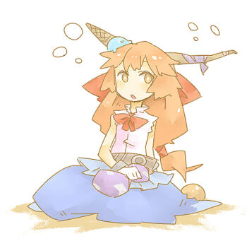 1girl blue_skirt bow bowtie brown_eyes bubble commentary_request full_body gourd hair_bow holding holding_gourd horns ibuki_suika ice_cream_cone ice_cream_cone_on_head light_blush long_hair open_mouth orange_hair pink_shirt red_bow red_bowtie shirt sideways_glance sitting skirt solo touhou white_background ziro_(daydozen)