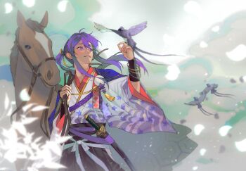 1boy bead_bracelet beads bellflower benur bird bird_on_hand black_hakama black_wrist_cuffs blue_cape blurry bracelet bridle cape chinese_bellflower chromatic_aberration cloud cloudy_sky depth_of_field ensemble_stars! falling_petals floating_clothes floating_hair floral_print flower gold_bracelet hair_between_eyes hair_ribbon hakama hand_up highres holding horse japanese_clothes jewelry kanzaki_souma katana kikkoumon kimono light_particles long_hair long_sleeves looking_at_animal male_focus multiple_bracelets petals pom_pom_(clothes) ponytail purple_eyes purple_hair purple_petals raised_eyebrows ribbon rope sash scabbard sheath sidelocks sky solo sword weapon white_sash wrist_cuffs yellow_ribbon