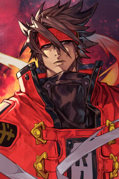 1boy black_shirt brown_eyes brown_hair closed_mouth coat embers english_text guilty_gear guilty_gear_2 hair_between_eyes hungry_clicker long_hair male_focus ponytail red_coat shirt sol_badguy solo upper_body