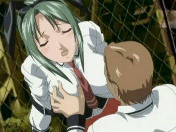 Rule 34 | 00s, 1boy, 1girl, 2005, animal ears, animated, animated gif, bible black, bible black only, biting, bouncing breasts, breasts, closed eyes, fake ears, fence, grabbing another's breast, green hair, groping, ito mika, large breasts, long hair, lowres, necktie, nipple biting, nipple stimulation, open clothes, outdoors, clothes pull, rabbit ears, school, school uniform, nipple tweak, sunset, tagme