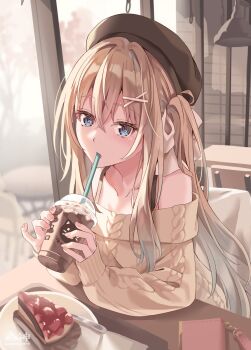 1girl artist_name bag blonde_hair blue_eyes brown_hat brown_sweater cake clutch_purse commentary_request drink drinking drinking_straw elbows_on_table food hair_ornament handbag hat highres holding holding_drink long_hair looking_at_viewer morigami_(morigami_no_yashiro) off-shoulder_sweater off_shoulder one_side_up original sitting solo sweater table twitter_username x_hair_ornament