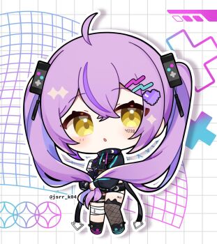 1girl :o ahoge black_shirt black_shoes black_shorts brown_thighhighs chibi chibi_only commentary_request crossed_bangs double-parted_bangs drop_shadow fishnet_thighhighs fishnets full_body grid_background hair_between_eyes hair_ornament heart heart_hair_ornament highres kashiwase_karune long_hair long_sleeves looking_at_viewer open_mouth outline pixel_heart purple_hair shinomiya_runa shirt shoes shorts single_thighhigh solo standing thighhighs twintails twitter_username virtual_youtuber vspo! white_background white_outline yellow_eyes