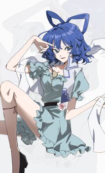 1girl blue_dress blue_eyes blue_hair commentary dress flower hagoromo hair_ornament highres kaku_seiga open_mouth puffy_short_sleeves puffy_sleeves shawl short_sleeves solo symbol-only_commentary touhou uehara_suiyo