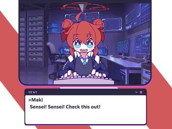 1girl :d absurdres ahoge black_sweater blue_archive blue_eyes blue_jacket blue_necktie collared_shirt commentary computer computer_keyboard double_bun english_commentary english_text hair_bun halo highres jacket katyusha.v maki_(blue_archive) monitor necktie open_clothes open_jacket open_mouth parody red_halo server server_room shirt smile solo sweater typing video_game_dialogue_box white_shirt yunyun_denpa_syndrome