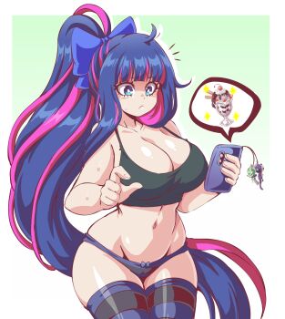 1girl accessories alternate_hairstyle bow bow_panties bowtie breasts cellphone chuck_(psg) cleavage food highres honekoneko_(psg) ice_cream large_breasts lewdamone long_hair navel panties panty_&amp;_stocking_with_garterbelt phone pink_hair ponytail stocking_(psg) striped_clothes striped_panties striped_thighhighs sundae thighhighs underwear very_long_hair