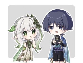 1boy 1girl aichiroo arm_at_side armlet armor belt black_belt black_bodysuit black_bridal_gauntlets black_hair black_shorts blue_cape blue_gem blue_kimono blue_sleeves blunt_ends blush bodysuit border bow bracelet braid bridal_gauntlets bright_pupils cape choppy_bangs clothing_cutout commentary_request cowboy_shot cross-shaped_pupils detached_sleeves dress eyelashes eyeliner feathers furisode gem genshin_impact gold gold_ring gold_trim green_eyes green_gem green_hair green_pupils green_sleeves grey_background hair_ornament hakama hakama_shorts half_crown_braid hand_up hands_up heart heart_hair_ornament hetero hip_vent japanese_armor japanese_clothes jewelry juban kimono kote kurokote layered_sleeves leaf leaf_hair_ornament long_hair looking_at_another makeup middle_ring multicolored_hair nahida_(genshin_impact) open_clothes open_hands open_kimono open_mouth outline penetration_gesture pleated_shorts pointy_ears pom_pom_(clothes) purple_bow purple_eyes purple_rope purple_sash red_eyeliner rope sash scaramouche_(genshin_impact) short_sleeves shorts shoulder_peek side_cape side_ponytail sidelocks streaked_hair symbol-shaped_pupils turtleneck turtleneck_bodysuit wanderer_(genshin_impact) white_border white_dress white_hair white_kimono white_outline white_pupils white_sleeves white_trim yellow_feathers