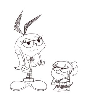 2girls :3 aminji_(liaoumen) anchor_hair_ornament bow cartoon_network cosplay crossover dee_dee dexter&#039;s_laboratory dexter_(dexter&#039;s_laboratory) frown greyscale hair_bow hair_ornament highres kantai_collection long_hair monochrome multiple_girls ponytail shimakaze_(kancolle) shimakaze_(kancolle)_(cosplay) striped_clothes striped_thighhighs thighhighs toon_(style) yuubari_(kancolle) yuubari_(kancolle)_(cosplay)