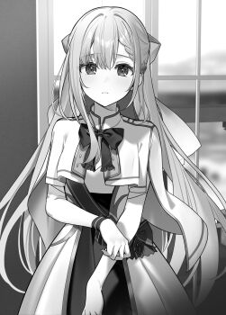 1girl blush bow bowtie coat commentary_request euphyllia_magenta greyscale hair_ribbon highres kisaragi_yuri long_hair monochrome official_art parted_lips pleated_skirt ribbon sash second-party_source skirt solo tensei_oujo_to_tensai_reijou_no_mahou_kakumei window