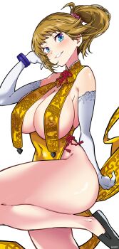 1girl absurdres aiuti blue_eyes breasts bridal_gauntlets brown_hair china_dress chinese_clothes cleavage dress gundam gundam_build_fighters gundam_build_fighters_try highres hoshino_fumina large_breasts looking_at_viewer ponytail scrunchie smile solo thick_thighs thighs yellow_dress
