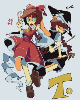 >_o 2girls animal_nose ascot bemani black_dress black_hat blunt_bangs bow braid broom broom_riding brown_hair brown_shoes card character_name closed_mouth cosplay detached_sleeves dress frilled_dress frills furry green_eyes hair_bow hakama hakama_skirt hakurei_reimu hakurei_reimu_(cosplay) hat holding holding_card japanese_clothes kirisame_marisa kirisame_marisa_(cosplay) long_hair looking_at_another lyongsama miko mimi_(pop'n_music) multiple_girls nyami_(pop'n_music) one_eye_closed open_mouth pop'n_music puffy_sleeves red_bow red_hakama shoes simple_background skirt smile socks touhou twin_braids white_background white_sleeves white_socks witch_hat yellow_ascot