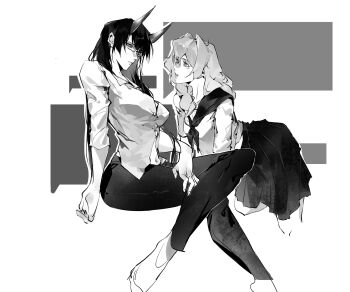 2girls absurdres acheron_(honkai:_star_rail) alternate_costume bent_over blunt_bangs braid chinese_commentary closed_mouth collared_shirt commentary_request couple expressionless from_side full_body glasses hair_between_eyes highres honkai:_star_rail honkai_(series) horns in-franchise_crossover kiana_kaslana leaning_back leaning_forward long_hair long_sleeves looking_at_another looking_down looking_up monochrome multiple_girls navel pants parted_lips partially_unbuttoned sailor_collar school_uniform shade shaojunqingjiu00776 shirt single_braid sitting skirt stomach upper_body yuri