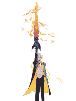 Rule 34 | 1boy, 32c1ff, arm up, black coat, black gloves, black pants, caelus (honkai: star rail), coat, commentary request, cowboy shot, fingerless gloves, fire, gloves, grey hair, hair between eyes, highres, holding, holding sword, holding weapon, honkai: star rail, honkai (series), hood, hooded coat, lapels, long sleeves, looking at viewer, male focus, open clothes, open coat, pants, shirt, short hair, simple background, solo, standing, sword, t-shirt, teeth, trailblazer (honkai: star rail), two-sided coat, two-sided fabric, v-shaped eyebrows, weapon, white background, white shirt, yellow coat, yellow eyes