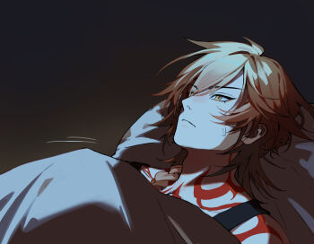 1boy 707kuroyuki black_tank_top blonde_hair braid commentary english_commentary facial_tattoo gradient_hair highres honkai:_star_rail honkai_(series) lying male_focus medium_hair multicolored_hair mydei_(honkai:_star_rail) neck_tattoo on_back on_bed red_hair red_tattoo shoulder_tattoo side_braid solo sweatdrop tank_top tattoo yellow_eyes