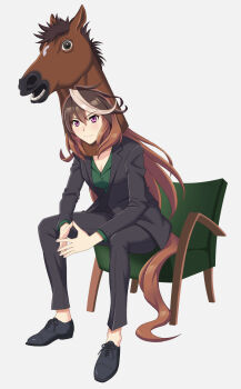 1girl animal_ears black_jacket black_pants blush breasts brown_hair chair cleavage closed_mouth commentary_request green_shirt hair_between_eyes highres horse_ears horse_girl horse_head horse_tail jacket long_hair long_sleeves multicolored_hair norizou pants purple_eyes shirt shoes simple_background sitting smile solo streaked_hair symboli_rudolf_(umamusume) tail umamusume white_hair