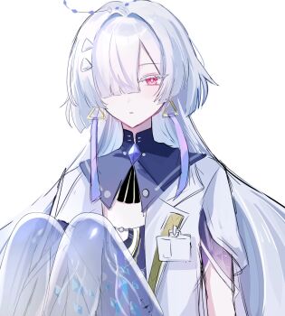 1girl colored_eyelashes commentary_request hair_intakes hair_ornament hair_over_one_eye highres id_card jacket long_hair looking_at_viewer mornye_(wuthering_waves) parted_lips prosthesis prosthetic_leg red_eyes simple_background solo soyogi_nrso tacet_mark_(wuthering_waves) white_background white_eyelashes white_hair white_jacket wuthering_waves