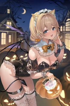 1girl absurdres animal_ears bare_shoulders bent_over black_leotard blonde_hair blue_eyes bow bowtie braid breasts cat_ears cleavage demon_tail demon_wings detached_collar detached_sleeves extra_ears fishnet_thighhighs fishnets halloween halloween_bucket hand_up highres large_breasts leotard long_hair looking_at_viewer maid_headdress night nontraditional_playboy_bunny open_mouth original outdoors shaffelli skindentation smile solo strapless strapless_leotard tail thigh_strap thighhighs thighs wings