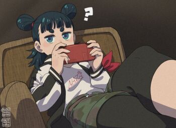 1boy ? androgynous ariamikukanzaki black_hair black_leggings blue_eyes camouflage camouflage_shorts cellphone chair commentary double_bun english_commentary foreshortening green_shorts hair_bun holding holding_phone leggings leggings_under_shorts luo_xiaohei_zhanji male_focus multicolored_hair nezha_(the_legend_of_luoxiaohei) phone shirt short_eyebrows shorts sitting smartphone solo the_legend_of_hei_2 thick_eyebrows two-tone_hair watermark white_shirt