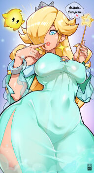 1girl 1other absurdres aqua_dress bayeuxman breasts brooch covered_erect_nipples crown dress earrings finger_to_mouth fingernails glowing hair_over_one_eye highres holding holding_wand jewelry large_breasts long_fingernails looking_at_viewer looking_down luma_(mario) mario_(series) mini_crown nintendo parted_lips rosalina side_slit silver_crown smile star_(symbol) star_brooch star_earrings star_wand super_mario_galaxy thighs wand white_nails