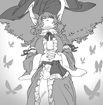 Rule 34 | 2girls, breasts, bug, butterfly, character request, closed eyes, commentary request, frilled kimono, frills, greyscale, insect, interlocked fingers, japanese clothes, kimono, large breasts, long sleeves, lying, mero (starfish jcs), missing headwear, monochrome, multiple girls, neck ribbon, on back, open mouth, own hands together, ribbon, saigyouji yuyuko, short hair, sleeping, sleeve garter, touhou, wide sleeves
