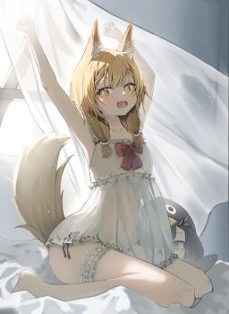1girl absurdres animal_ear_fluff animal_ears arknights arknights:_endfield armpits arms_up babydoll blush breasts collarbone commentary_request covered_navel endministrator_(arknights) female_endministrator_(arknights) frilled_thigh_strap full_body highres long_hair looking_at_viewer navel nomi_(gpjg7877) open_mouth revision rossi_(arknights) sidelocks sitting small_breasts smile solo stomach tail thigh_strap wariza white_babydoll wolf_ears wolf_girl wolf_tail yawning