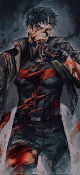 1boy bat_signal batman_(series) batman_symbol black_bodysuit black_gloves black_hair blue_eyes bodysuit brown_jacket dc_comics gloves grey_bodysuit highres jacket jason_todd male_focus multicolored_bodysuit muscular muscular_male open_clothes pants red_hood_(dc) red_hood_and_the_outlaws rfnyn17381 short_hair superhero_costume taut_bodysuit two-tone_bodysuit