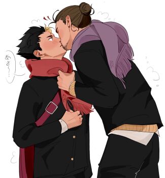 2boys arms_up azumane_asahi black_hair black_jacket black_pants blonde_hair blush brown_hair buttons closed_eyes commentary cowboy_shot english_commentary facial_hair gakuran goatee haikyuu!! hair_bun highres jacket kiss layered_clothes layered_sleeves leaning_in linmorsan long_sleeves looking_at_another male_focus multicolored_hair multiple_boys nishinoya_yuu pants red_scarf scarf school_uniform shirt simple_background single_hair_bun speech_bubble streaked_hair white_background white_shirt wide-eyed yaoi