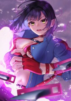 1girl belt black_hair blue_jacket bra breasts chaos_zero_nightmare chest_harness cleavage collar crop_top gloves green_eyes harness highres jacket knife large_breasts long_sleeves looking_at_viewer medium_hair midriff multicolored_hair murasakiaoi navel open_clothes open_jacket open_mouth red_bra red_collar red_gloves solo spaghetti_strap spiked_collar spikes stomach tressa_(chaos_zero_nightmare) two-tone_hair underwear